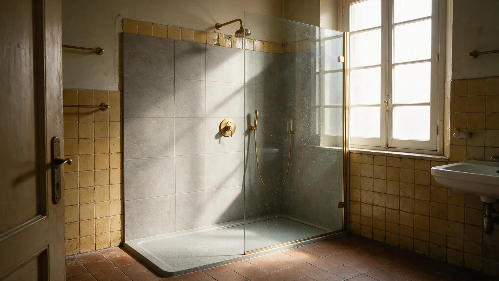 Plato de ducha enrasado sustituyendo a una bañera en un baño reformado en Madrid
