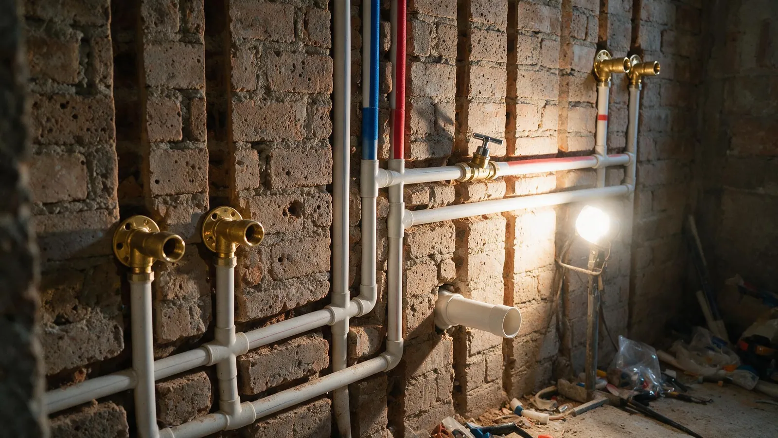 Instalación de fontanería con tubería multicapa vista en la pared de un baño en obra en Madrid