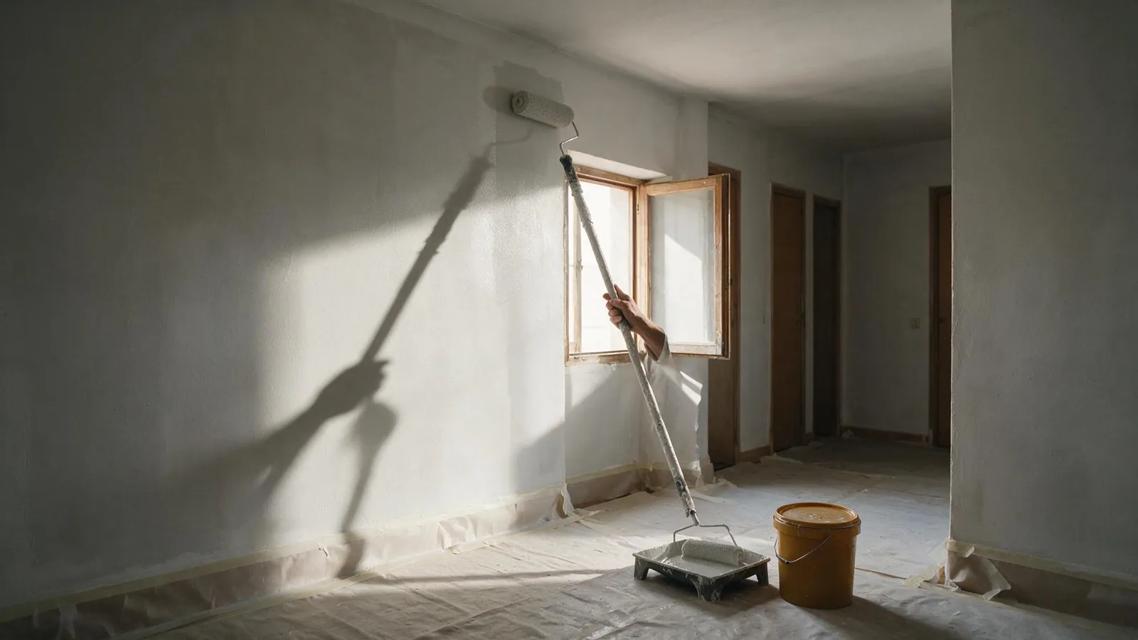 Pintor aplicando pintura plástica con rodillo en una vivienda de Madrid protegida con plásticos