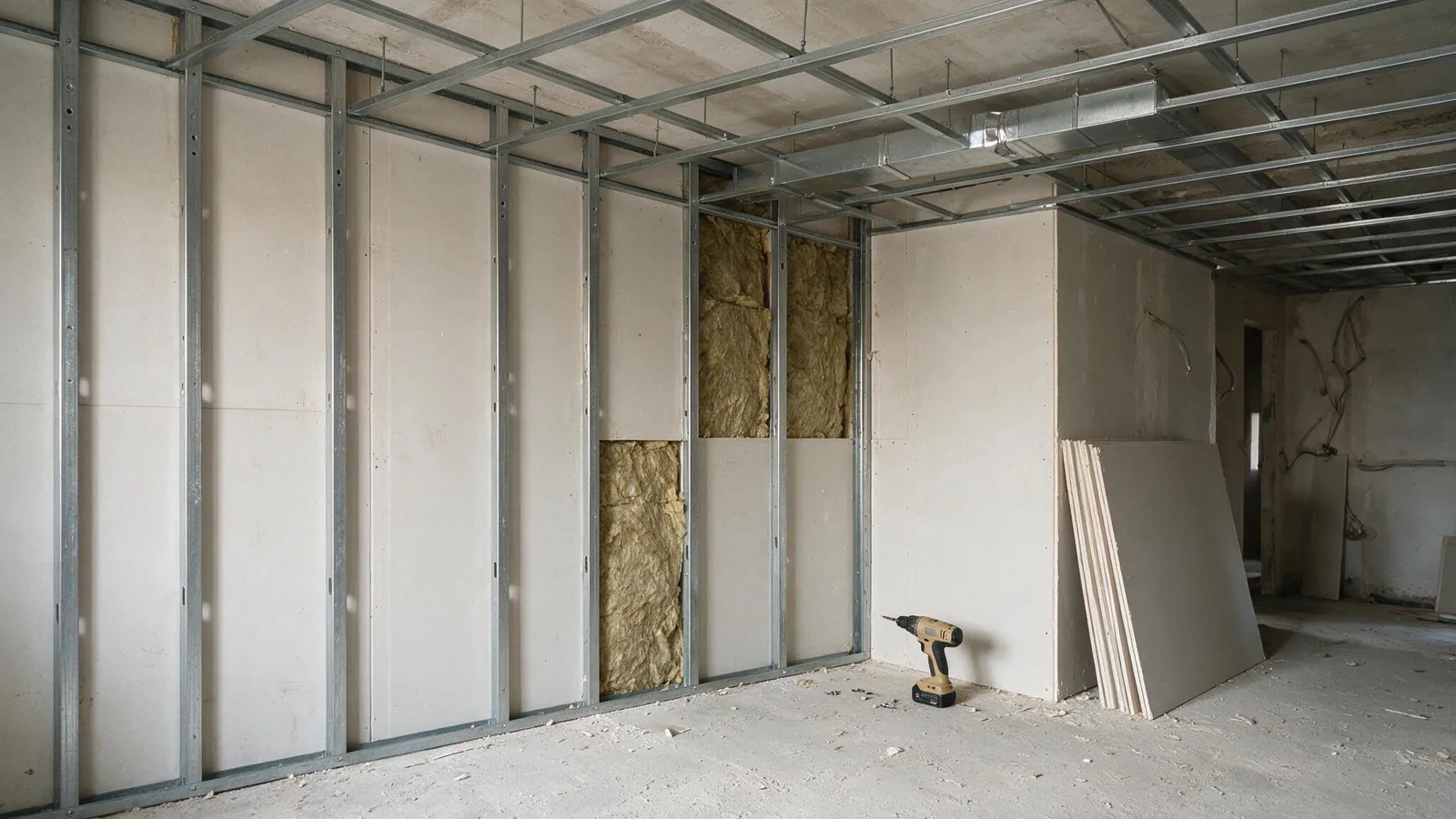 Estructura de perfilería y placas de pladur montadas para un tabique y un falso techo en una vivienda de Madrid