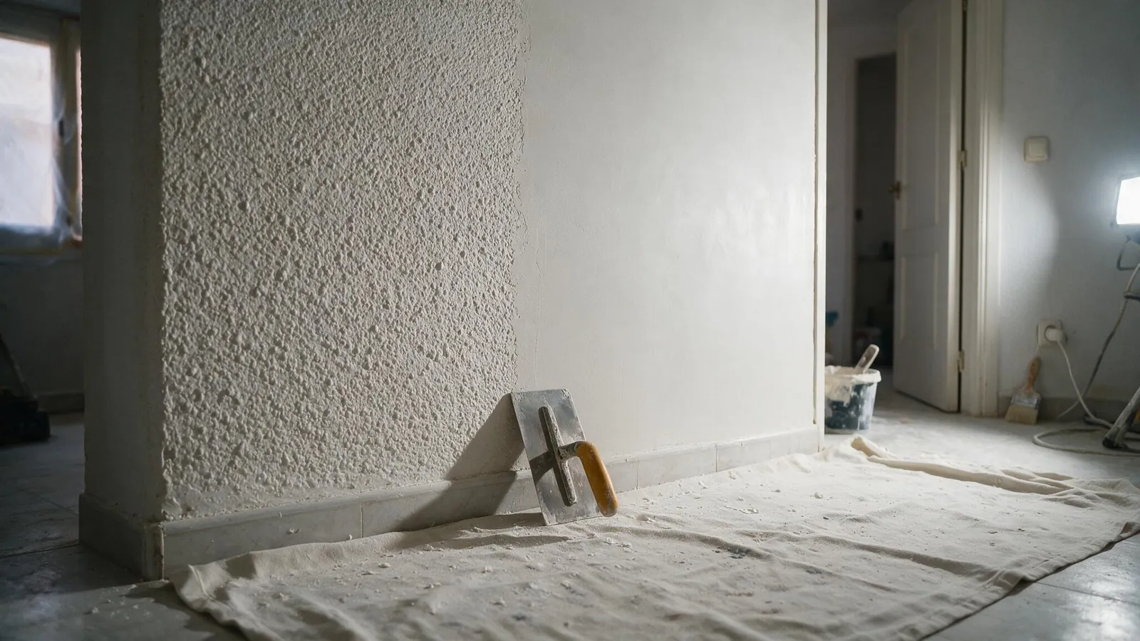 Pared de una vivienda de Madrid alisada a llana tras retirar el gotelé, con la zona protegida