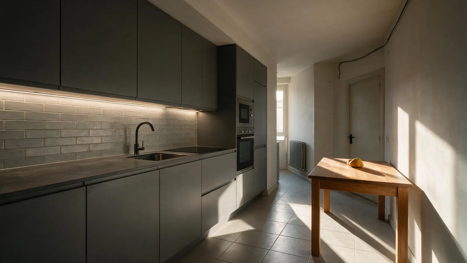 Cocina reformada en una vivienda de Madrid con mobiliario a medida y encimera de porcelánico