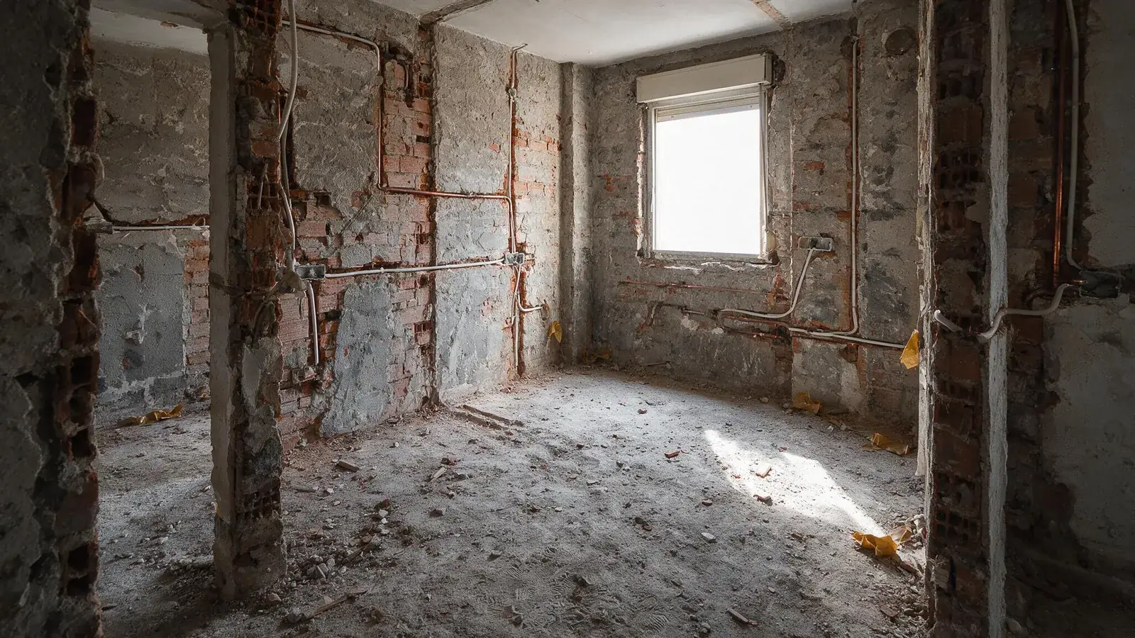 Vivienda en obra durante una reforma integral en Madrid, con tabiquería levantada e instalaciones vistas
