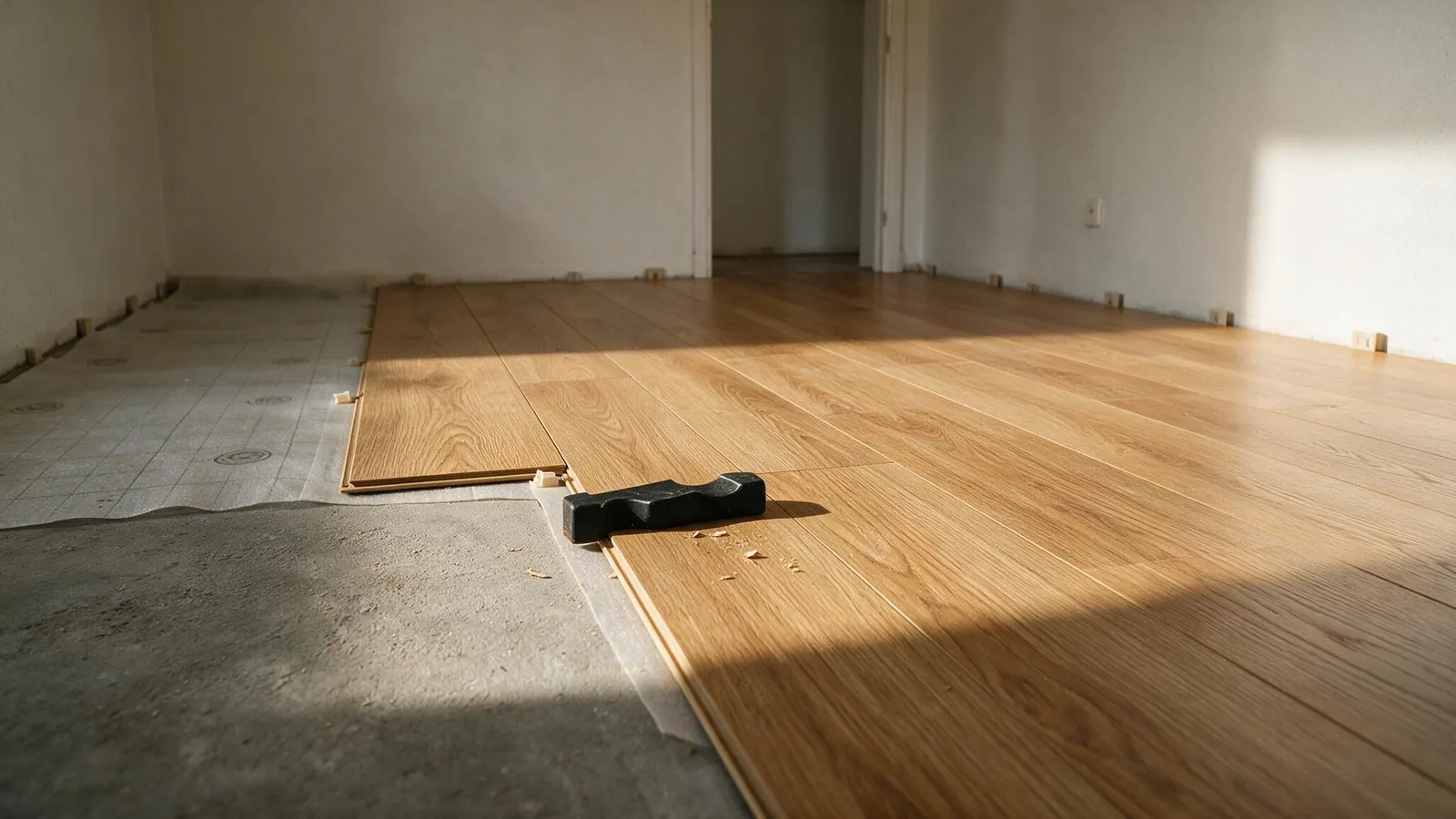 Instalación de tarima flotante en una vivienda de Madrid con la junta perimetral vista y el rodapié pendiente